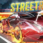 Červené športové auto v plameňoch na nočnej mestkej ulici s nápisom v pozadí