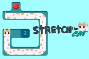 Mačka natiahnutá cez zložitý tmavomodrý bludiskový tvar smeruje k červenému klbku priadze, s textom STRETCH THE CAT