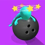 Modrá postavička leží na čiernej bowlingovej guli so žltými hviezdami krúžiacimi okolo hlavy na fialovom pozadí