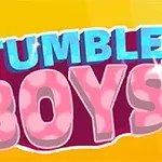 Farebný nápis Stumble Boys na žltom pozadí s postavičkou bežiacou na vrchu textu