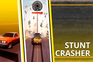 Červené a žlté auto na ceste so štartovacou čiarou, s nápisom STUNT CRASHER na pravej strane