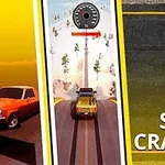 Červené a žlté auto na ceste so štartovacou čiarou, s nápisom STUNT CRASHER na pravej strane