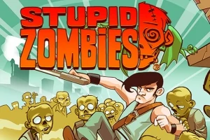 Muž s puškou bojuje proti skupine zelených zombie na pozadí mesta
