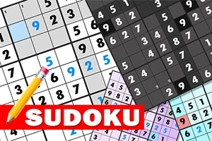 Rôzne mriežky so sudoku číslami a žltou ceruzkou na pozadí s nápisom SUDOKU