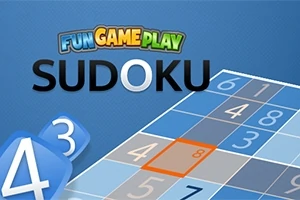 Modrá mriežka s číslami, logo „Fun Game Play“ a nápis „Sudoku“ na modrom pozadí