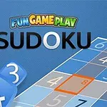 Modrá mriežka s číslami, logo „Fun Game Play“ a nápis „Sudoku“ na modrom pozadí
