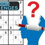 Mriežka so sudoku číslami, modrá silueta hlavy s červenou ceruzkou a červeným otáznikom