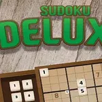 Nadpis Sudoku Deluxe nad dreveným pozadím s čiastočne vyriešenou sudoku mriežkou