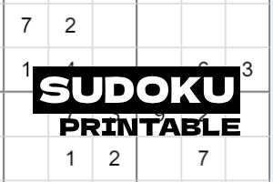 Čiernobiely štvorcový diagram s naštartovanými číslami, prekrytý čiernym nápisom SUDOKU PRINTABLE