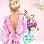 Žena s blond účesom v ružových šatách s odhaleným chrbtom držiaca kyticu kvetov a kabelku, obklopená orchideami na ružovom pozadí