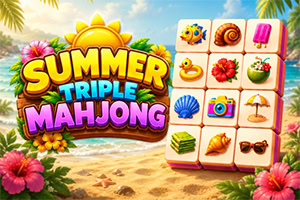Farebný tropický motív s nápisom Summer Triple Mahjong, hracími kameňmi s letnými ikonami, palmami a kvetmi