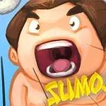 Karikatúra sumo zápasníka s otvorenými ústami na modrom pozadí