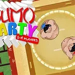 Dvaja sumo zápasníci v kruhovom ringe zhora, vedľa farebného nápisu