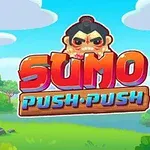 Kreslený obrázok s nápisom Sumo Push Push, postavička sumo zápasníka a pozadie s prírodou a bránou torii