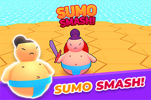 Dve kreslené postavičky bojovníkov sumo na šesťuholníkovej platforme pri modrom mori, s nápisom Sumo Smash!