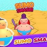 Dve kreslené postavičky bojovníkov sumo na šesťuholníkovej platforme pri modrom mori, s nápisom Sumo Smash!