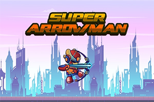 Robotický lukostrelec skáče pred futuristickým mestom s nápisom „Super Arrowman“ nad ním