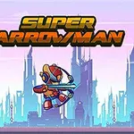 Robotický lukostrelec skáče pred futuristickým mestom s nápisom „Super Arrowman“ nad ním