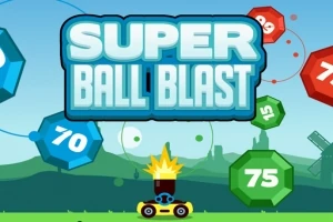 Nadpis Super Ball Blast s obrázkom malej žltej postavičky na vozidle s delom a mnohouholníkovými tvarmi s číslami v pozadí