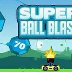 Nadpis Super Ball Blast s obrázkom malej žltej postavičky na vozidle s delom a mnohouholníkovými tvarmi s číslami v pozadí