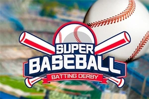 Logo s dvoma skríženými baseballovými pálkami, loptou a textom Super Baseball Batting Derby na farebnom pozadí
