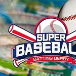Logo s dvoma skríženými baseballovými pálkami, loptou a textom Super Baseball Batting Derby na farebnom pozadí