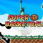 Silueta basketbalistu, basketbalové lopty, košík a Socha slobody na pozadí s nápisom Super Basketball