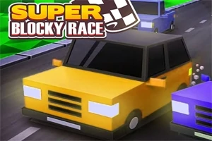 Žlté a modré blokové autá pretekajúce na závodnej dráhe s názvom SUPER BLOCKY RACE v ľavom hornom rohu