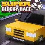 Žlté a modré blokové autá pretekajúce na závodnej dráhe s názvom SUPER BLOCKY RACE v ľavom hornom rohu