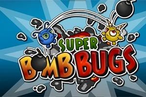 Farebné kreslené postavičky v tvare chrobákov s bombami a nápis Super Bomb Bugs na modrom pozadí s dynamickými líniami