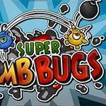 Farebné kreslené postavičky v tvare chrobákov s bombami a nápis Super Bomb Bugs na modrom pozadí s dynamickými líniami