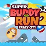 Farebná ilustrácia s nápisom Super Buddy Run 2 Crazy City obklopená rôznymi animovanými predmetmi a modrým pozadím s vodou
