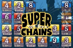 Farebné očíslované dlaždice s textom Super Chains uprostred na tmavomodrom pozadí