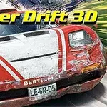 Červené športové auto s bielymi pruhmi na kapote vo vysokorýchlostnej jazde s textom Super Drift 3D nad ním
