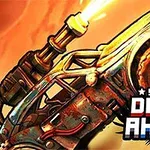 Obrázok zobrazuje futuristické auto s namontovaným delom na oranžovom pozadí a logom SUPER DRIVE AHEAD