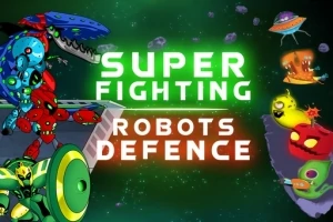 Farební roboti a mimozemské bytosti na vesmírnom pozadí s textom Super Fighting Robots Defence