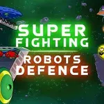 Farební roboti a mimozemské bytosti na vesmírnom pozadí s textom Super Fighting Robots Defence