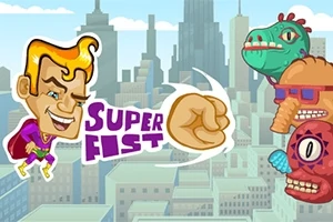 Superhrdina s blonďavými vlasmi, veľkou päsťou a nápisom „Super Fist“ sa pripravuje na úder proti trom farebným, monštruóznym tváram v meste