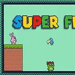 Farebný nápis SUPER FROG nad postavičkami žaby, králika a vtáka na platformách