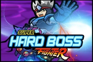 Kreslený bojovník v modrej zbroji drží ruku hore, v pozadí energie, s názvom Super Hard Boss Fighter