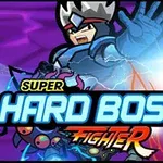 Kreslený bojovník v modrej zbroji drží ruku hore, v pozadí energie, s názvom Super Hard Boss Fighter