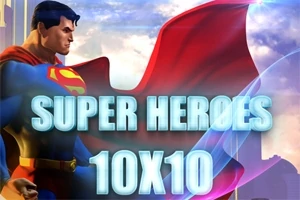 Superhrdina v modro-červenom kostýme stojí pred modrou oblohou s nápisom SUPER HEROES 10X10