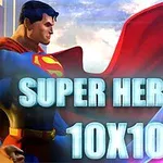 Superhrdina v modro-červenom kostýme stojí pred modrou oblohou s nápisom SUPER HEROES 10X10
