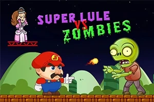 Muž v červeno-modrom oblečení strieľa na zeleného zombieho s ohnivou guľou, zatiaľ čo princezná sedí na plošine, s nápisom Super Lule vs Zombies hore