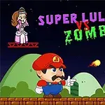 Muž v červeno-modrom oblečení strieľa na zeleného zombieho s ohnivou guľou, zatiaľ čo princezná sedí na plošine, s nápisom Super Lule vs Zombies hore