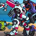 Biela a fialová robotická postava so zbraňou bojuje proti inému mechanickému tvorovi pri pláži