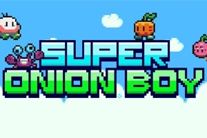 Pixelová grafika s nápisom SUPER ONION BOY a rôznymi kreslenými postavičkami na modrom pozadí s oblakmi