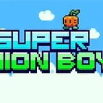 Pixelová grafika s nápisom SUPER ONION BOY a rôznymi kreslenými postavičkami na modrom pozadí s oblakmi