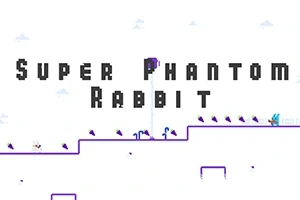 Čierno-fialový text Super Phantom Rabbit na bielom pozadí s plošinami a modrým králičkom vpravo