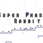 Čierno-fialový text Super Phantom Rabbit na bielom pozadí s plošinami a modrým králičkom vpravo